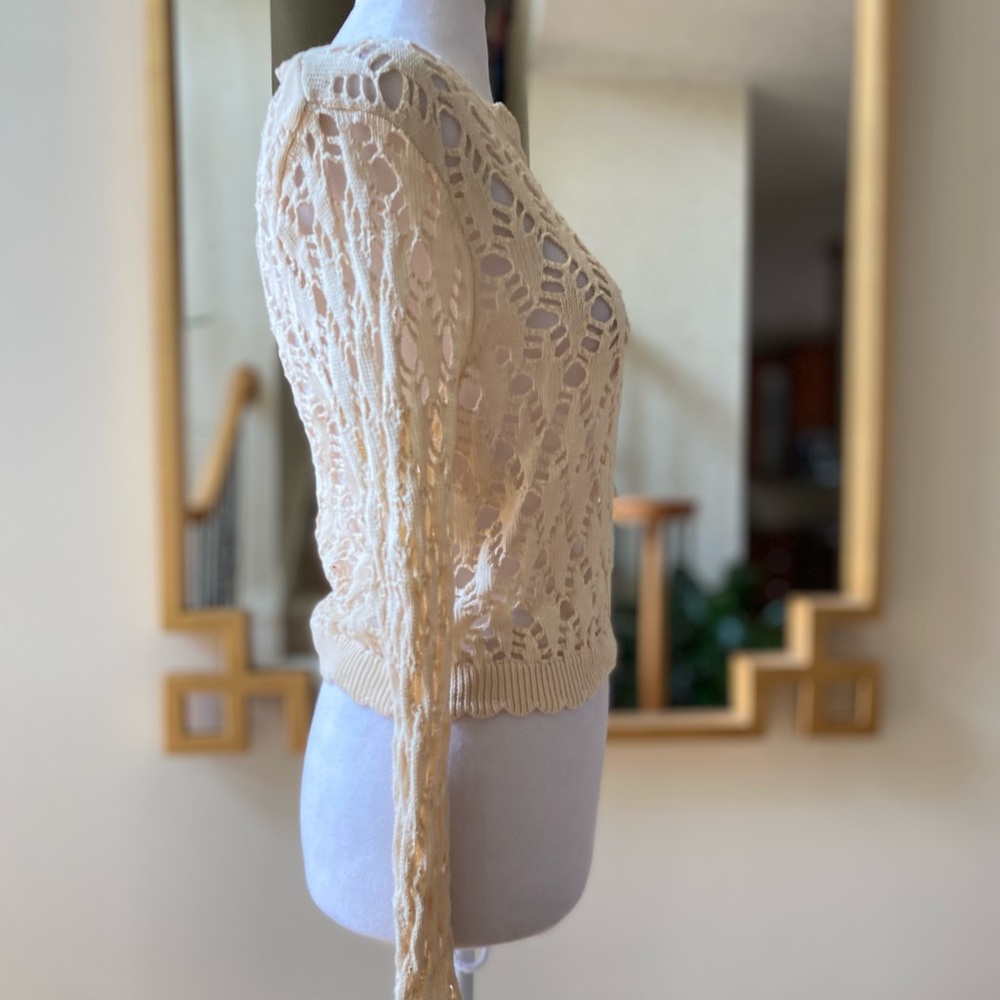 Christian Lacroix Cropped Cream Openwork Knit Sweater Lace Long Sleeve S/M - Picture 2 of 11